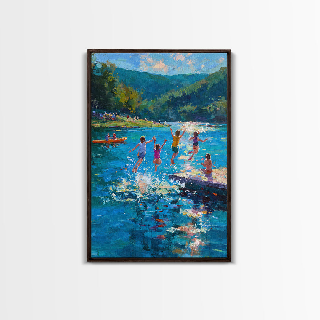 Children Playing At Summer Lake Scene Joyful Landscape Painting Large Wall Art Canvas Print