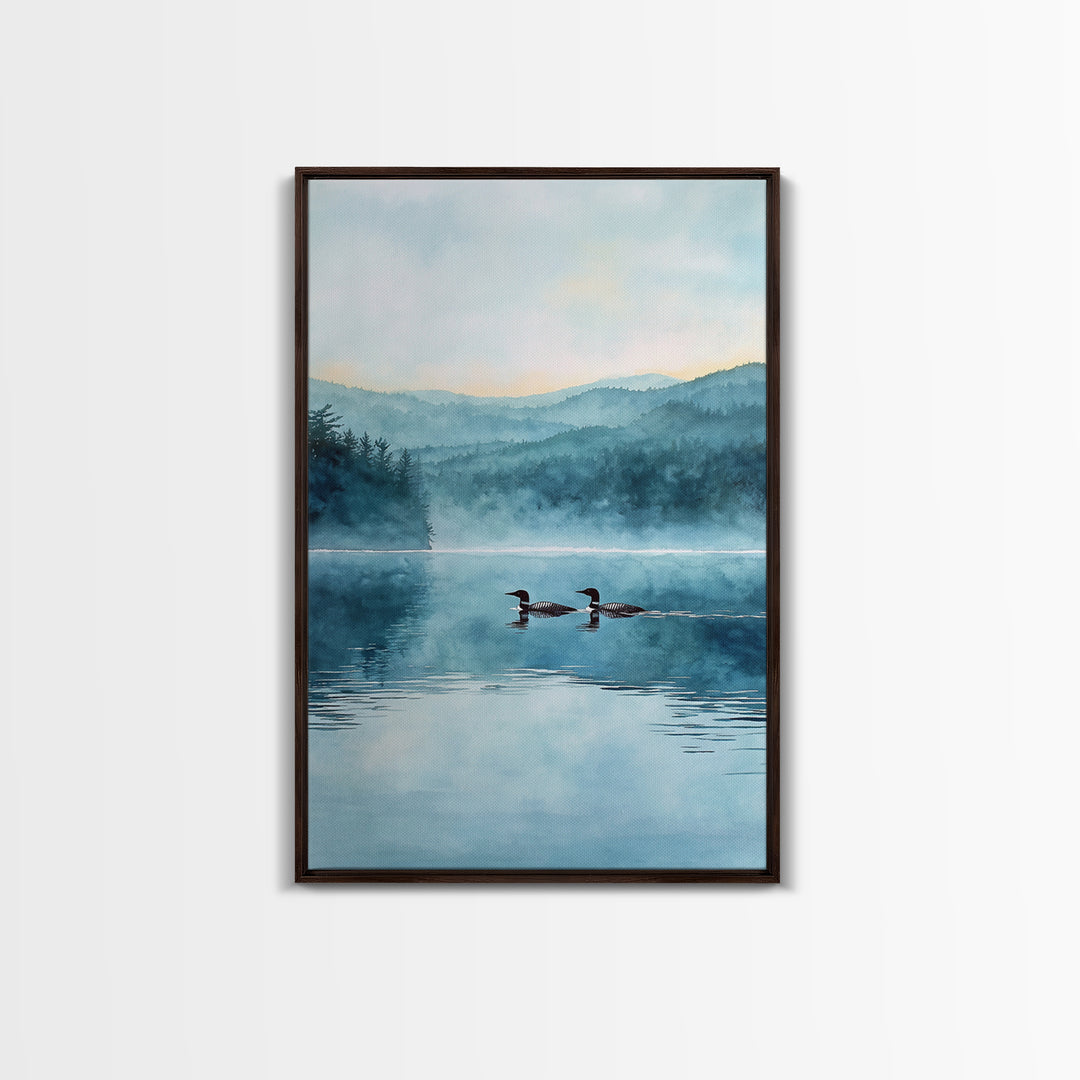 Serene Lake With Two Loons At Dawn Landscape Wall Art Misty Forest Canvas Print For Nature Lovers Home Decor
