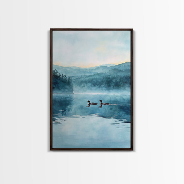 Serene Lake With Two Loons At Dawn Landscape Wall Art Misty Forest Canvas Print For Nature Lovers Home Decor