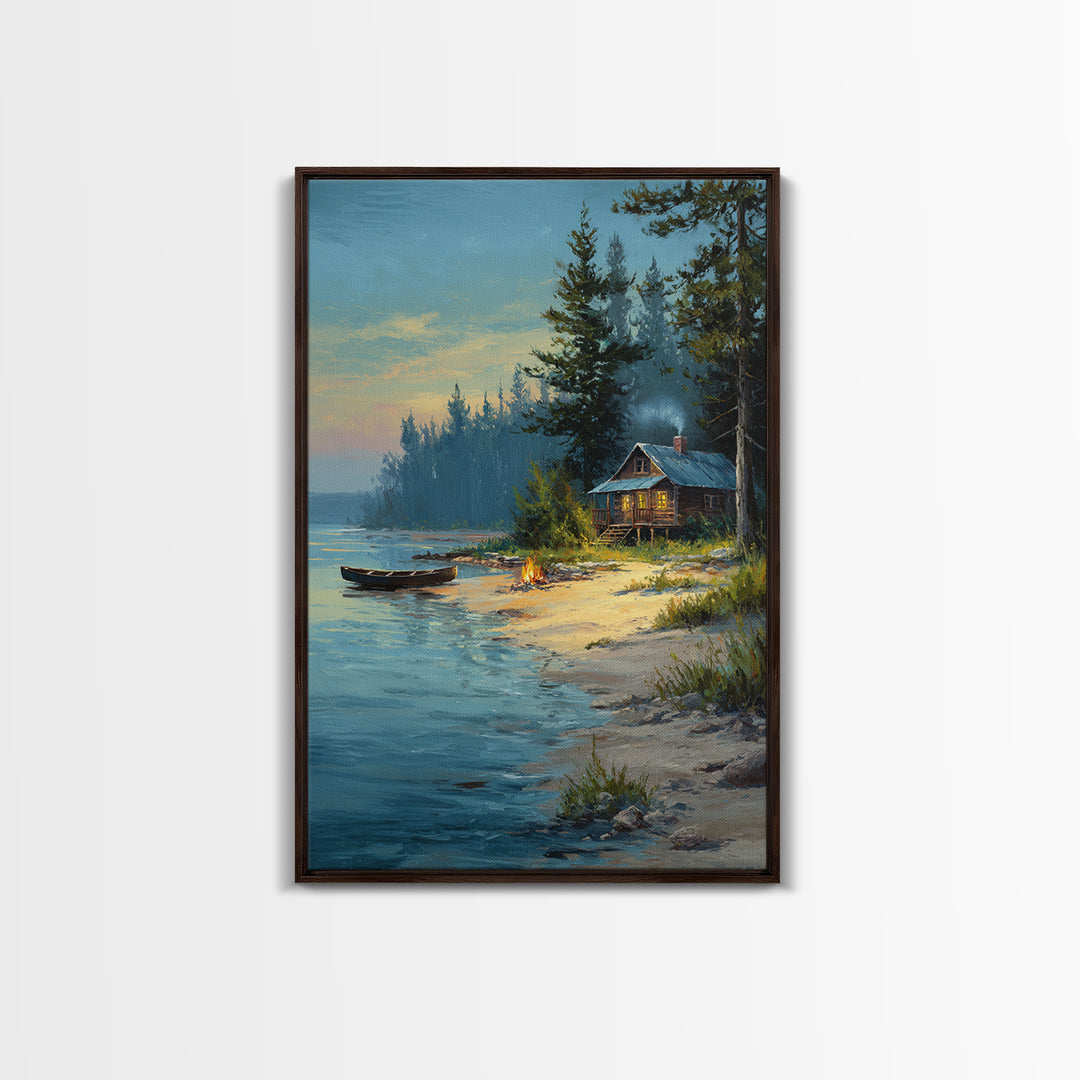 Peaceful Lakeside Cabin Painting At Dusk With Campfire And Canoe Scenic Landscape Art Print For Rustic Home Decor Bedroom Wall Art Framed Canvas Print