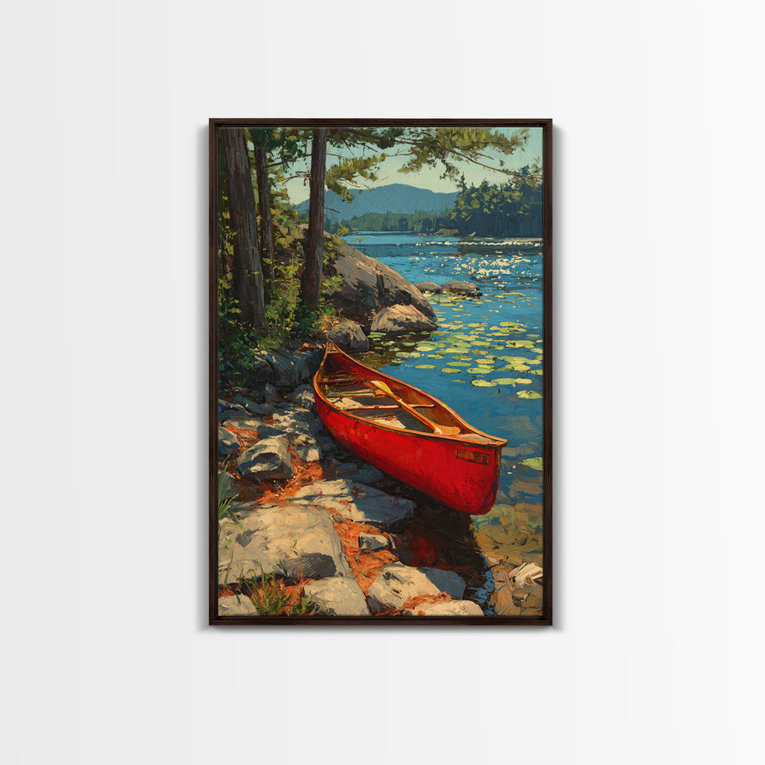 Vibrant Red Canoe On Lush Lakeside Nature Landscape Oil Painting Canvas Print For Cabin Decor And Rustic Wall Art