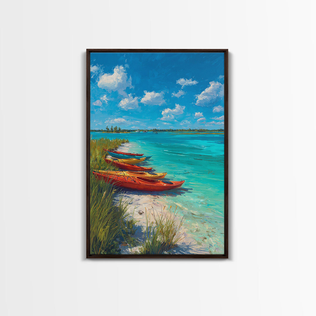 Bright Kayaks By Turquoise Water Under Blue Sky Canvas Print Large Coastal Wall Art For Living Room Decor