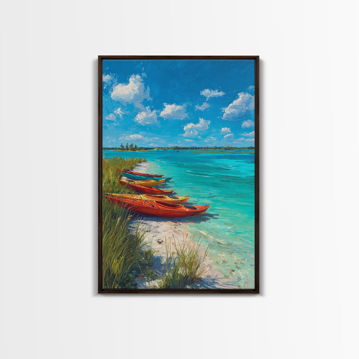 Bright Kayaks By Turquoise Water Under Blue Sky Canvas Print Large Coastal Wall Art For Living Room Decor