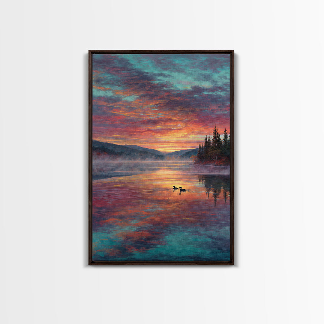 Serene Misty Mountain Sunset Landscape With Ducks On Lake Fine Art Canvas Print For Living Room Wall Decor
