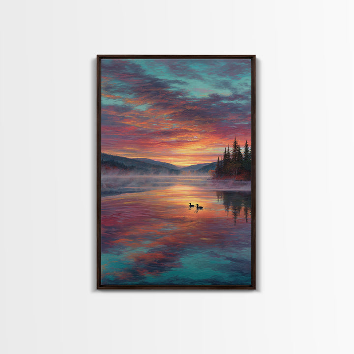 Serene Misty Mountain Sunset Landscape With Ducks On Lake Fine Art Canvas Print For Living Room Wall Decor