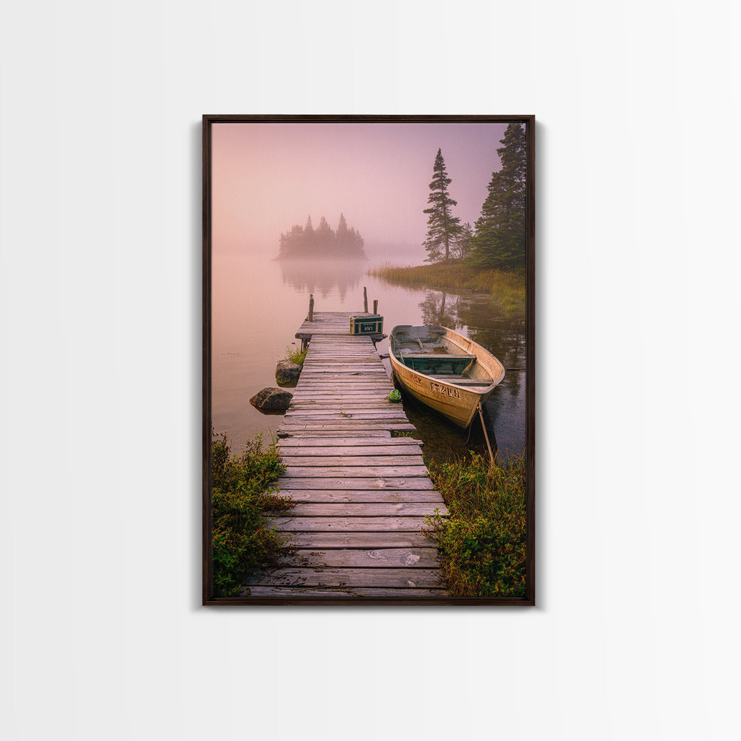 Peaceful Foggy Lake Morning With Wooden Dock Wall Art Canvas Print For Rustic Cabin And Home Decor