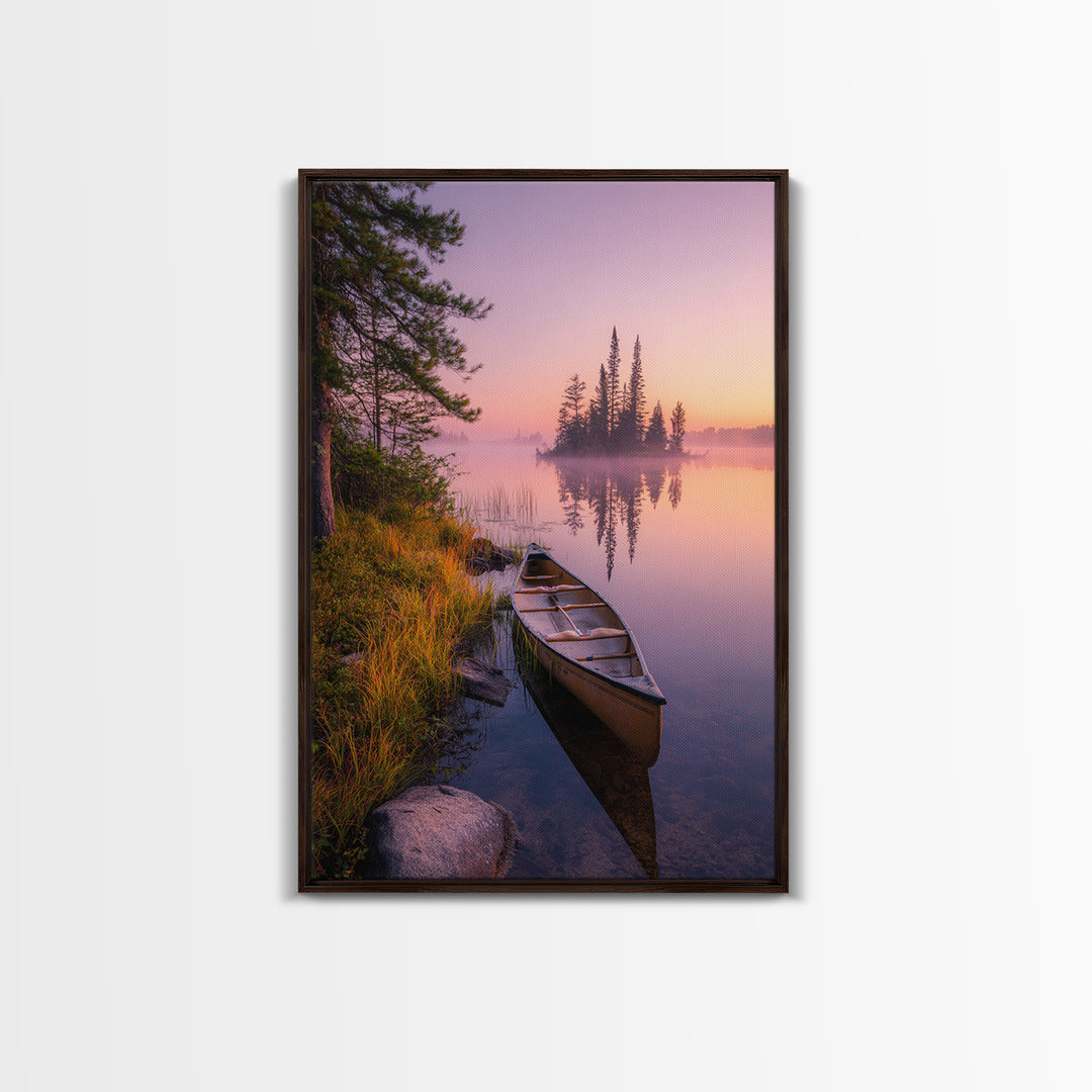 Tranquil Misty Lake With Canoe At Sunrise Scenic Landscape Painting For Calming Bedroom Wall Decor And Peaceful Home Decor Framed Canvas Print Wall Art