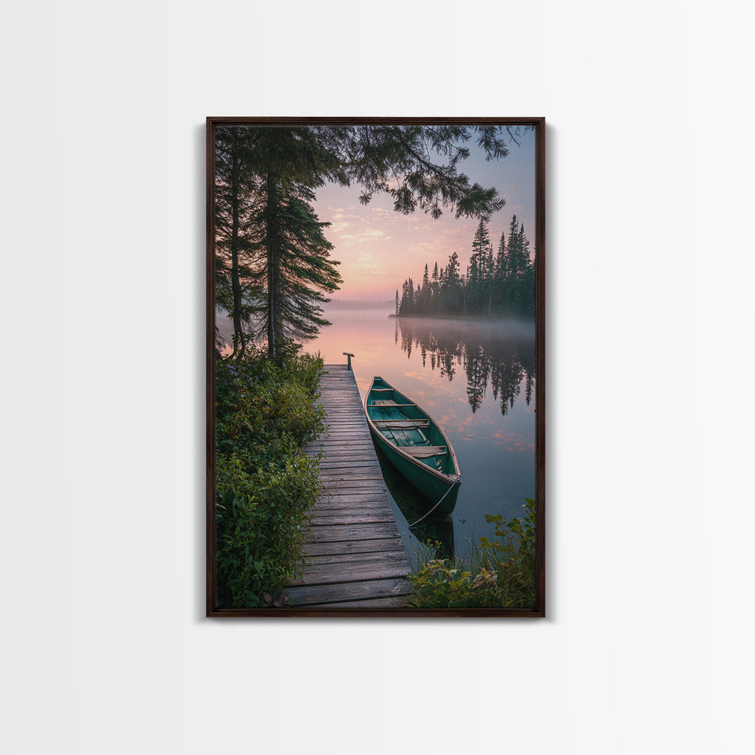 Serene Lake Dock With Canoe Landscape Wall Art Nature Photography Calm Framed Canvas Print