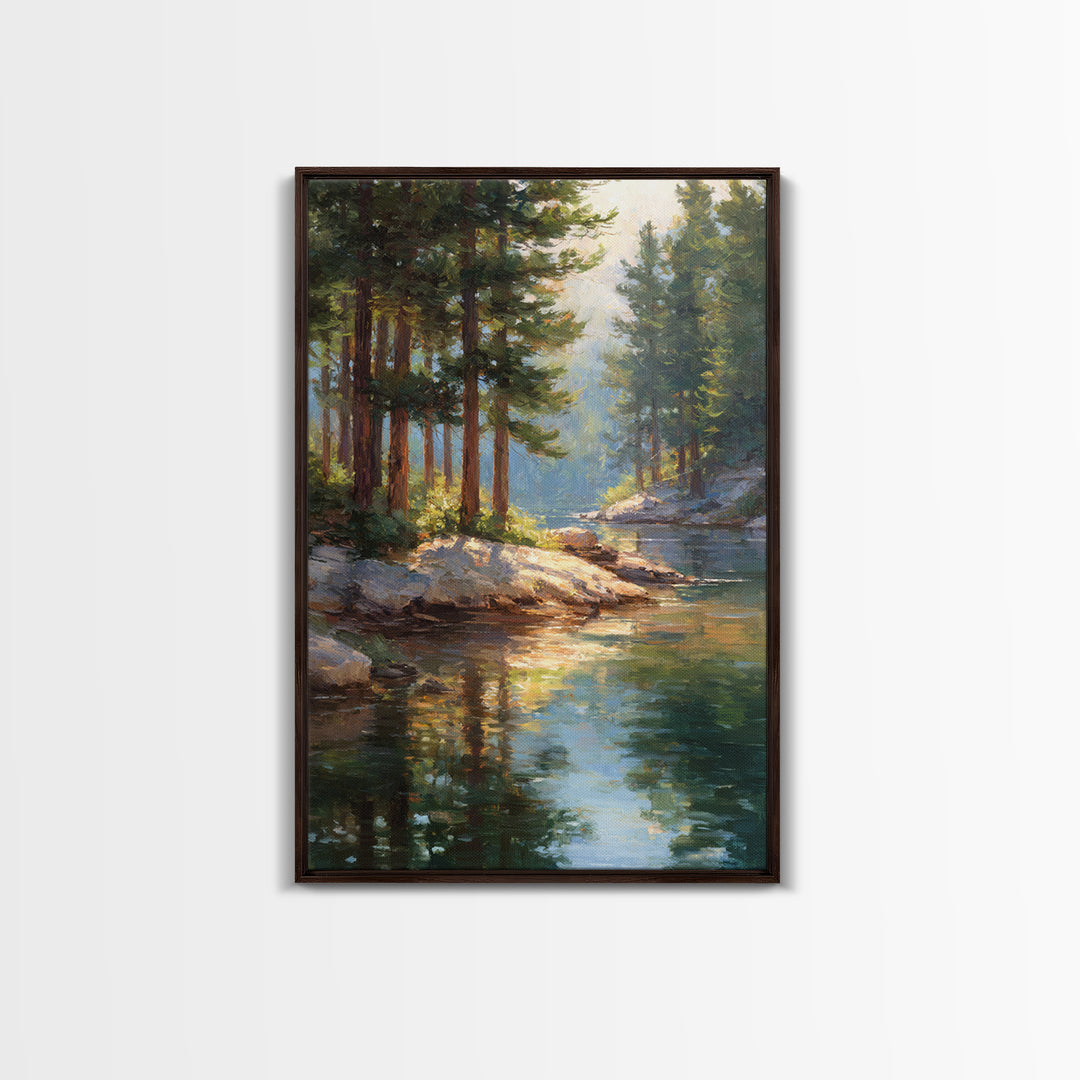 Serene Pine Forest Landscape With River Reflection In Oil Painting Medium Perfect Wall Art Canvas Print