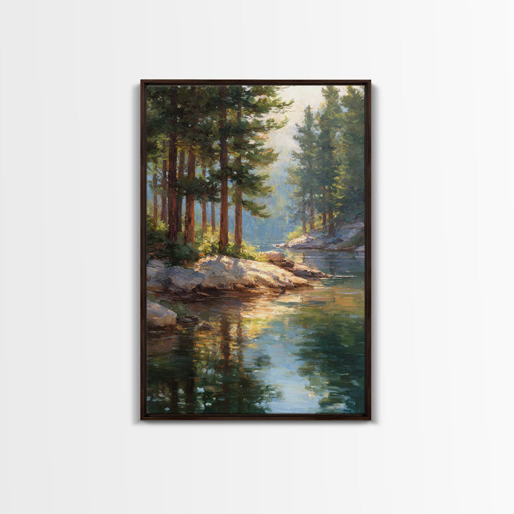 Serene Pine Forest Landscape With River Reflection In Oil Painting Medium Perfect Wall Art Canvas Print