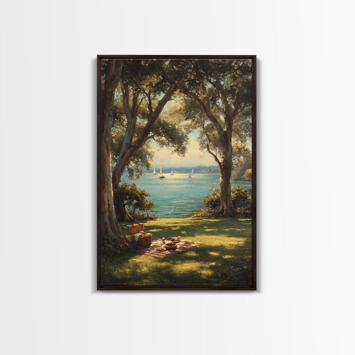 Peaceful Lakeside Picnic Painted Landscape Oil Painting Art Print Framed Canvas Print For Rustic Home Decor And Cabin Wall Art