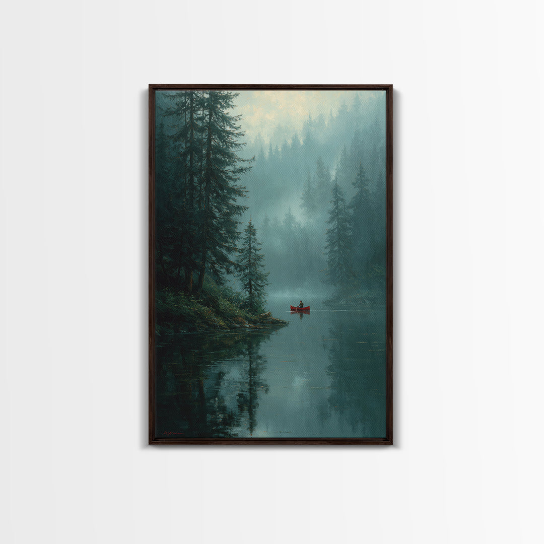 Serene Sunset Over Misty Lake Cabin With Orange Sky Wall Art Framed Canvas Print For Cozy Rustic Home And Bedroom Decor