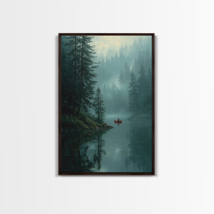 Serene Sunset Over Misty Lake Cabin With Orange Sky Wall Art Framed Canvas Print For Cozy Rustic Home And Bedroom Decor