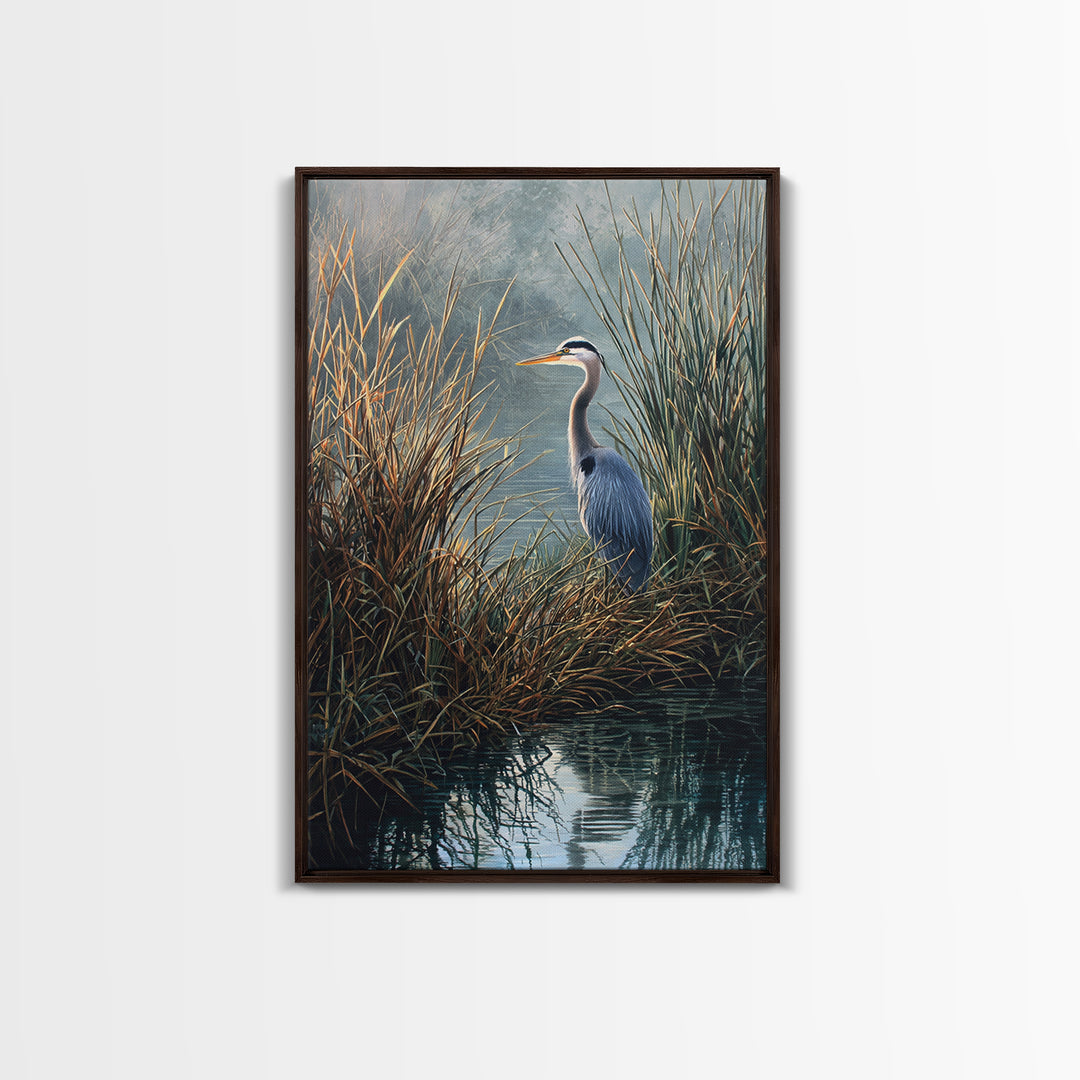 Realistic Blue Heron In Marshland Nature Scene Wall Art Fine Art Print Coastal Wall Decor Framed Canvas Print