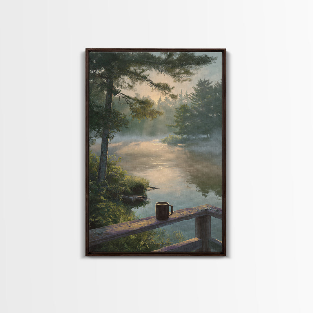 Peaceful Morning River Scene With Coffee Cup Landscape Wall Art Serene Nature Canvas Print For Cozy Home And Bedroom Decor