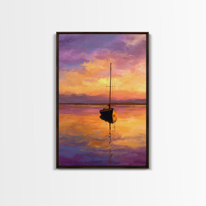 Colorful Sailboat At Sunset Over Calm Water Ocean Scene Painting | Tranquil Wall Art Modern Home Decor Framed Canvas Print
