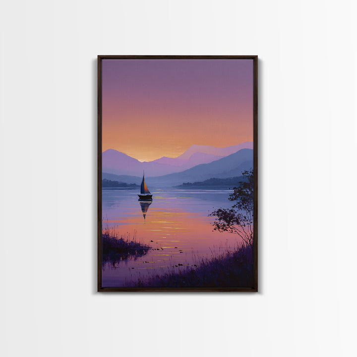 Tranquil Sailboat On Lake At Sunset With Purple Mountains Oil Painting Canvas Print Wall Art For Bedroom Decor And Nautical Lovers
