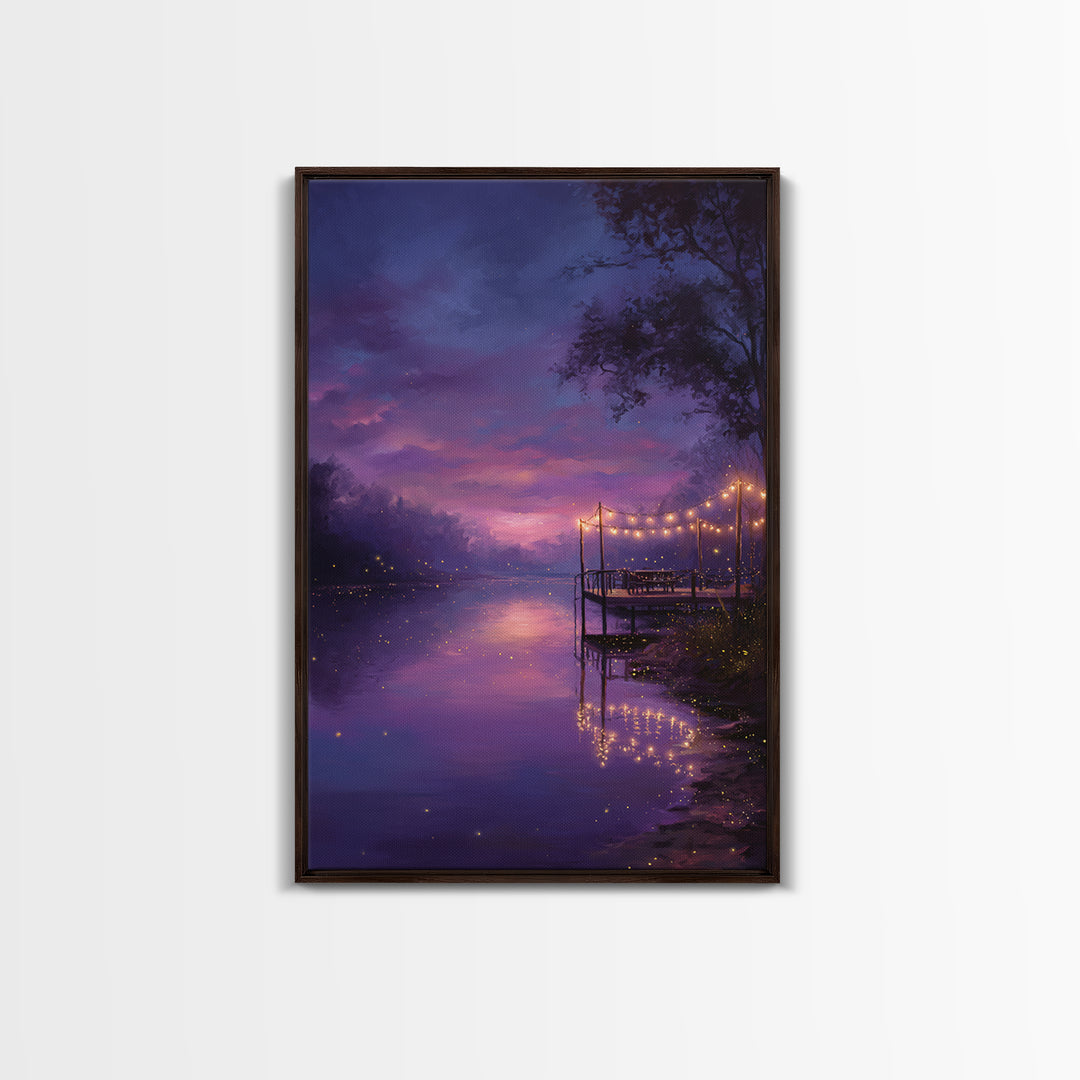 Enchanting Twilight River Scene With Glowing Fireflies And String Lights Romantic Canvas Print For Home Decor
