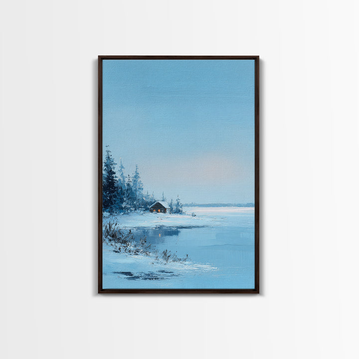Winter Landscape With Snowy Trees And Cabin Cozy Calm Scene Canvas Print Wall Art For Bedroom Living Room And Rustic Home Decor