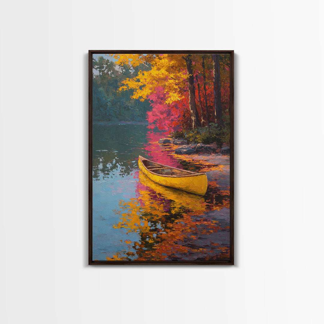 Serene Yellow Canoe On Reflective Autumn Lake Landscape Painting Framed Canvas Print for Peaceful Wall Art And Living Room Decor