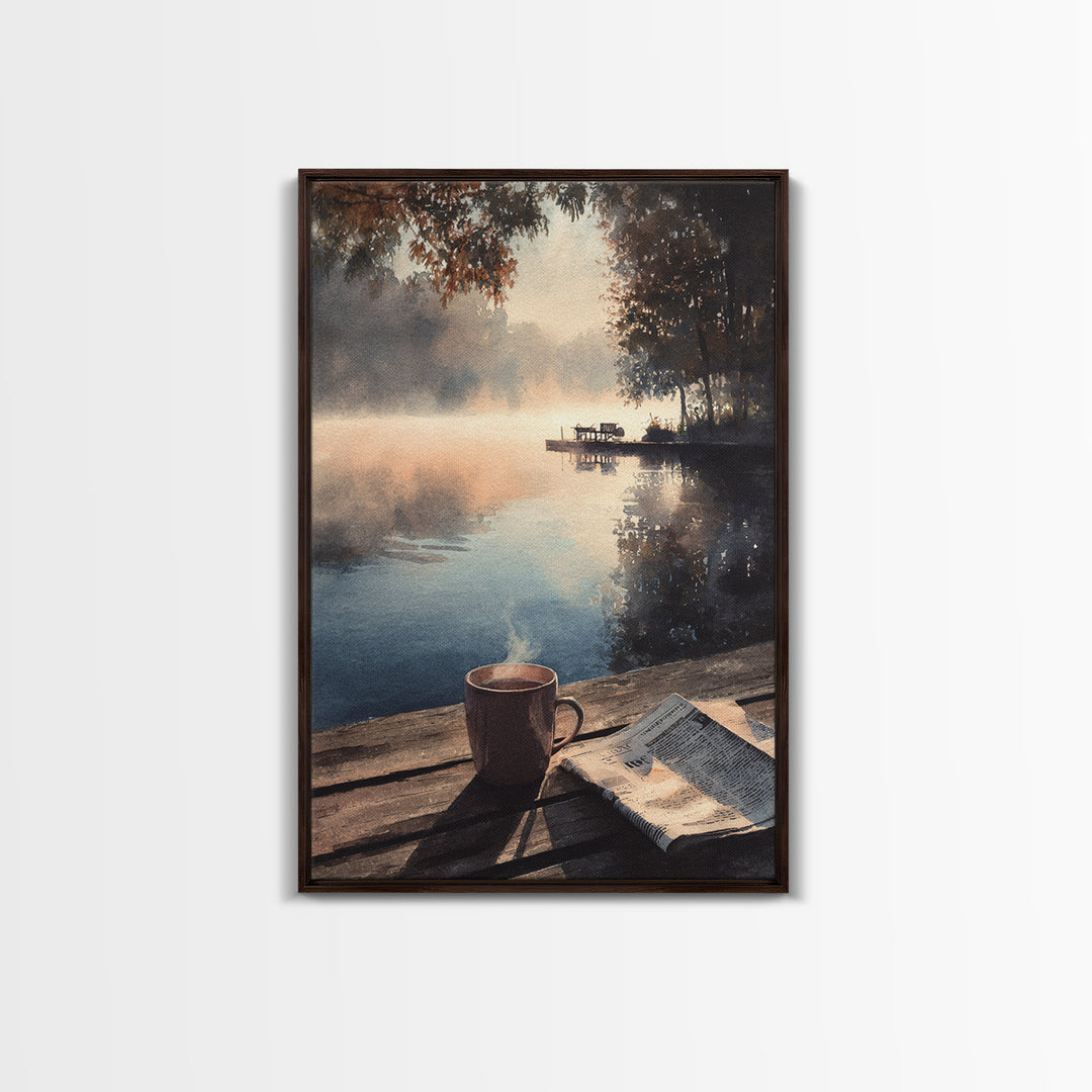 Cozy Lakeside Morning With Steam Rising Over Coffee Mug Watercolor Painting Wall Art Print For Bedroom Or Reading Nook