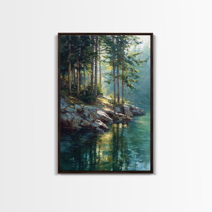 Sunlit Pine Forest Lake Painting Wall Art, Nature Landscape Art Print, Cabin Decor, Rustic Living Room Wall Decor Gift For Her