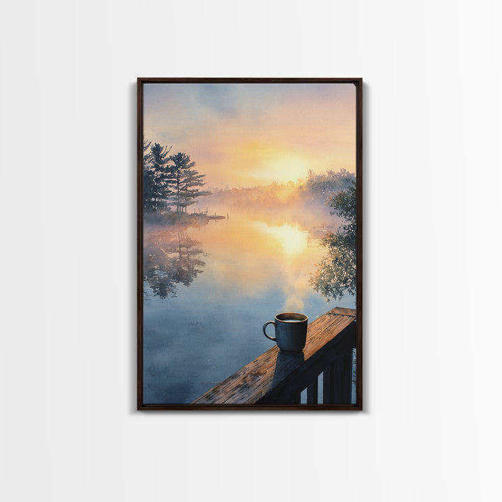 Calm Sunlit Lake At Dawn Watercolor Painting Canvas Print, Peaceful Landscape Wall Art, Soothing Home Decor Art