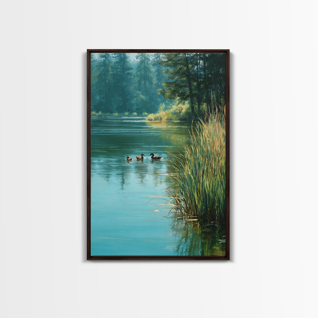 Tranquil Ducks On A Calm Lake Nature Scene Oil Painting Canvas Print For Rustic Living Room Wall Art And Cabin Home Decor