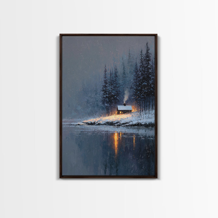 Cozy Winter Cabin Snowy Landscape Lake Reflection Oil Painting Canvas Print Framed Wall Art For Rustic Decor