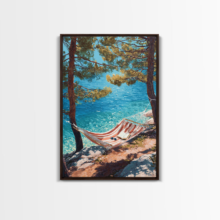 Tranquil Coastal Scene With Hammock Overlooking Sparkling Blue Ocean Landscape Painting Canvas Print Framed Canvas Print Wall Art Decor