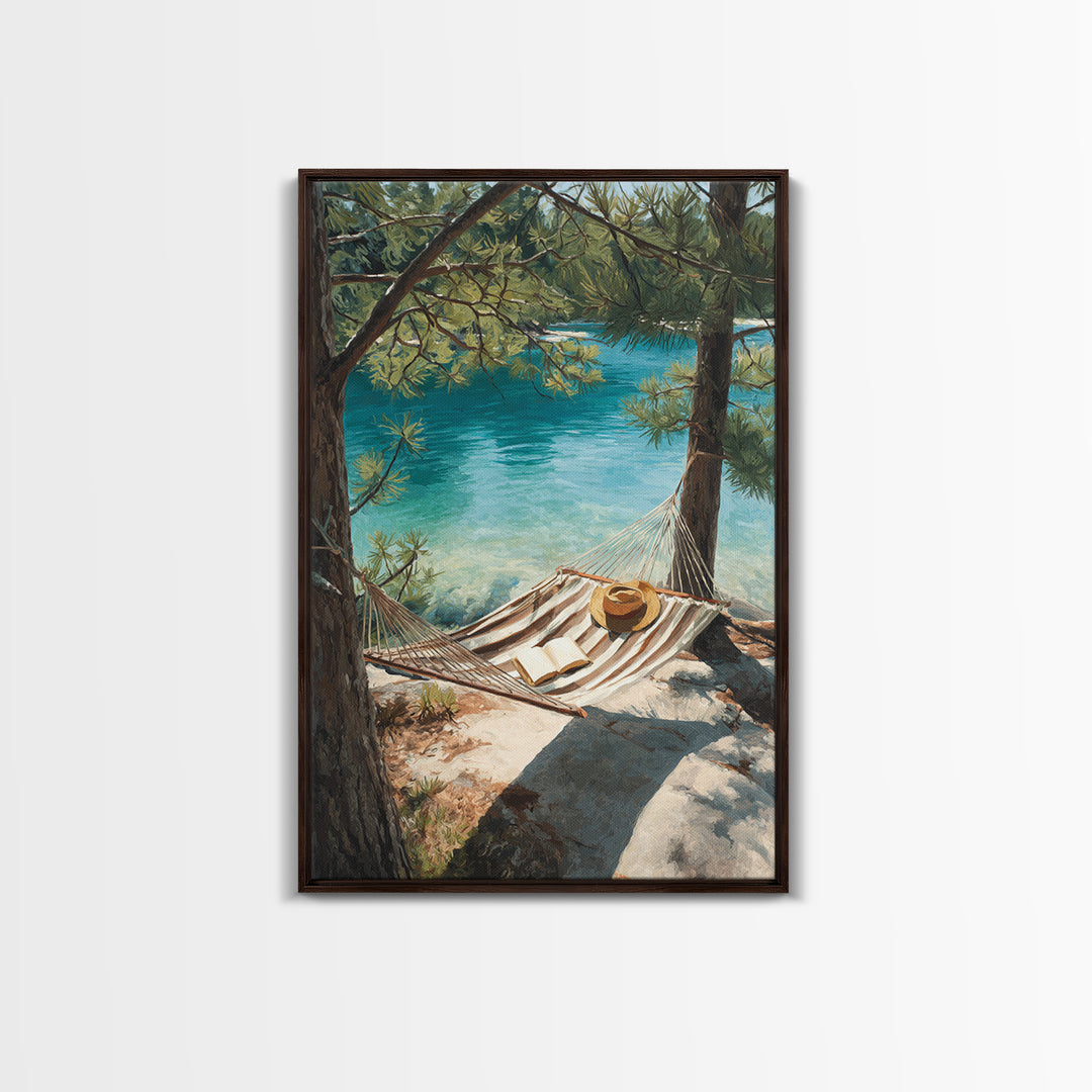 Tranquil Lakeside Hammock Scene Canvas Print, Relaxing Summer Vacation Wall Art, Cozy Home Decor Living Room Art