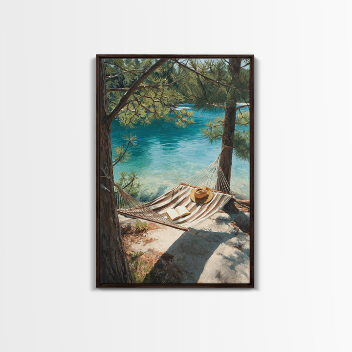 Tranquil Lakeside Hammock Scene Canvas Print, Relaxing Summer Vacation Wall Art, Cozy Home Decor Living Room Art
