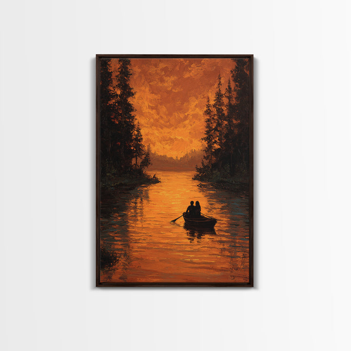 Romantic Autumn Evening Couple Rowing Boat Sunset Landscape Painting Large Wall Art Framed Canvas Print