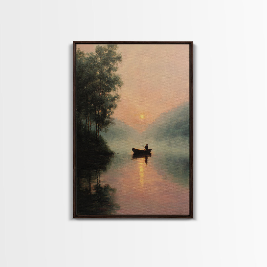 Peaceful Sunrise Lake Fisherman Landscape Oil Painting Large Wall Art Framed Canvas Print Rustic Decor