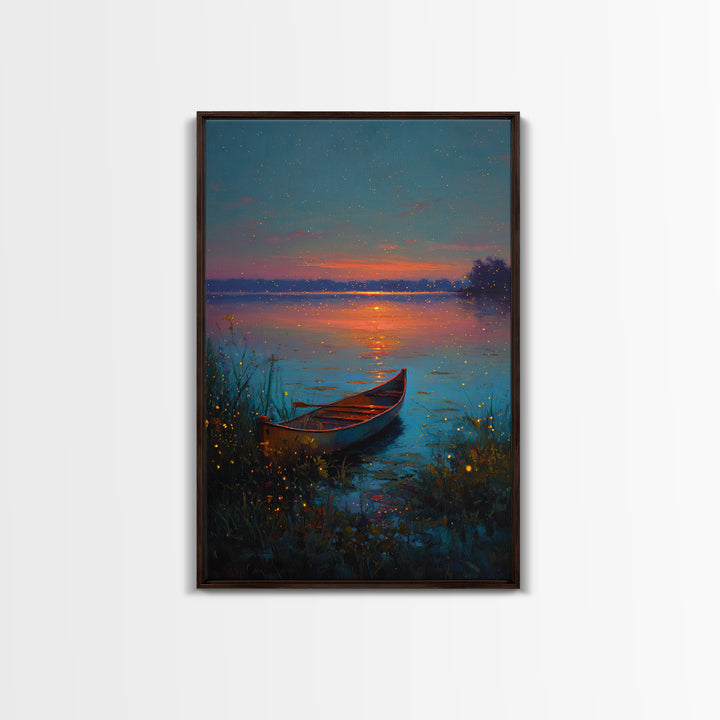 Serene Firefly Canoe Landscape At Twilight Oil Painting Large Wall Art Framed Canvas Print For Relaxing Home And Living Room