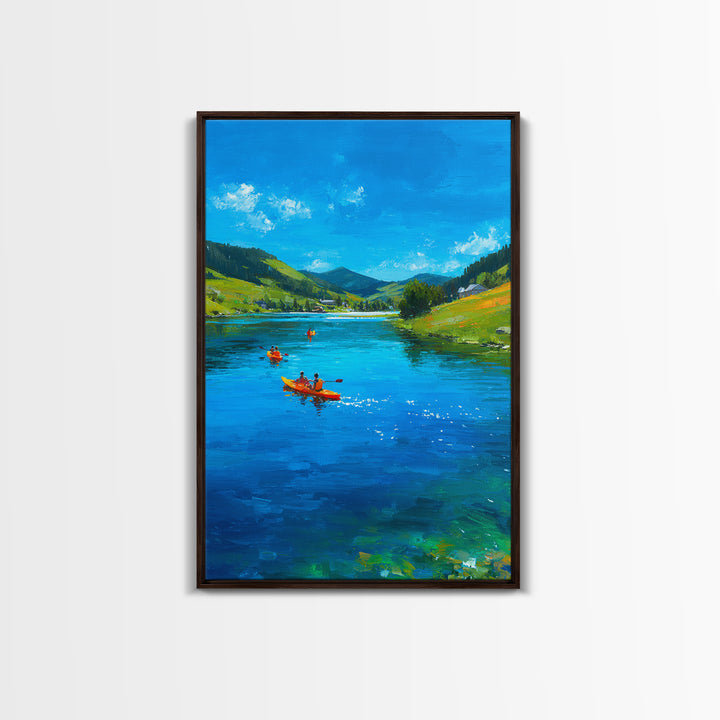 Vivid Kayakers On Blue Lake Under Clear Sky Colorful Outdoor Landscape Oil Painting Canvas Print
