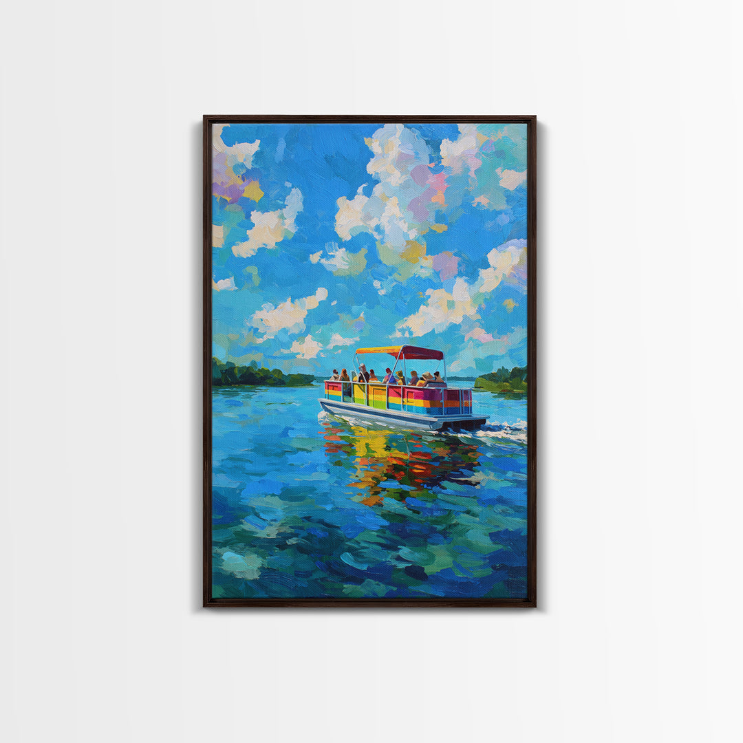 Vibrant Colorful Boat On Lake Under Blue Sky Bright Contemporary Painting Wall Art Framed Canvas Print