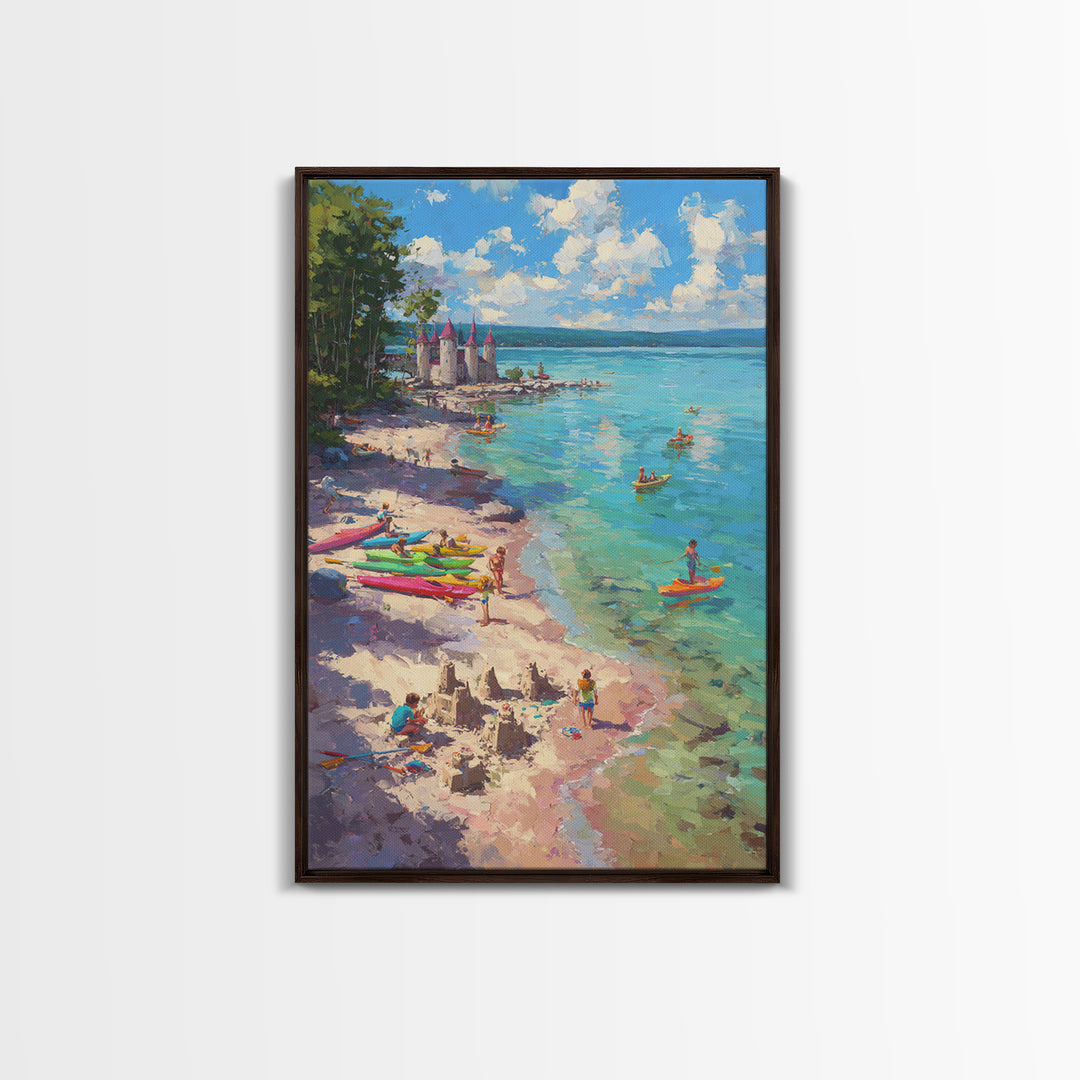 Impressionist Coastal Village Landscape Painting With Water And Boats Traditional Wall Art Large Framed Canvas Print