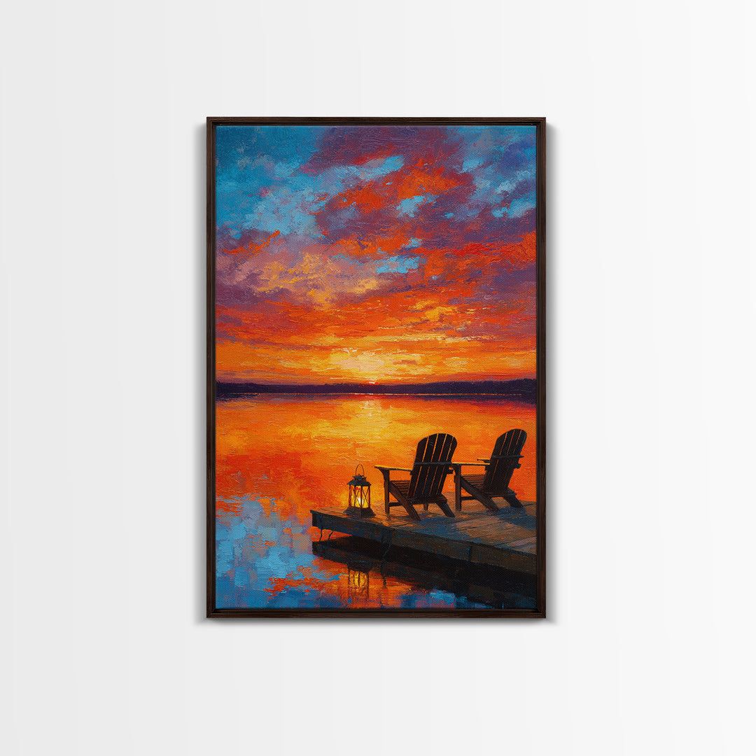 Warm Vibrant Sunset Lake Dock Scene Oil Painting Canvas Print Large Wall Art For Cozy Home Decor Living Room