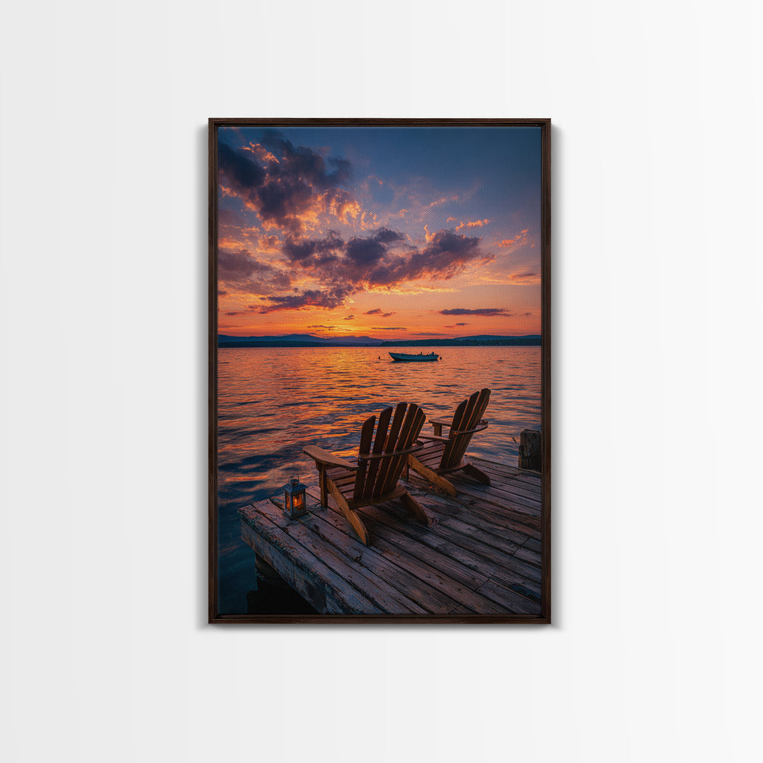 Serene Sunset Over Lake With Adirondack Chairs On Dock Classic Landscape Wall Art Canvas Print