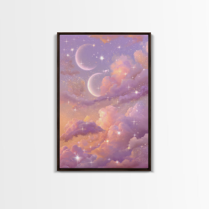 Pastel Moon And Star Cloud Canvas Print, Celestial Wall Art, Dreamy Nursery Decor, Whimsical Bedroom Decor, Gift For Her
