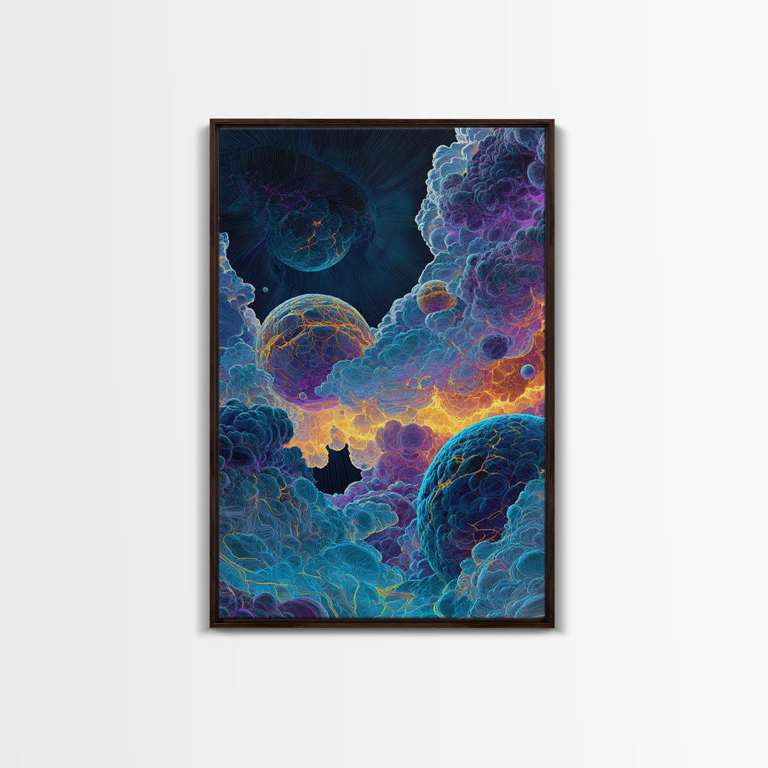 Surreal Cosmic Planets In Storm Clouds Wall Art, Psychedelic Space Print, Celestial Fantasy Home Decor, Moody Bedroom Gift