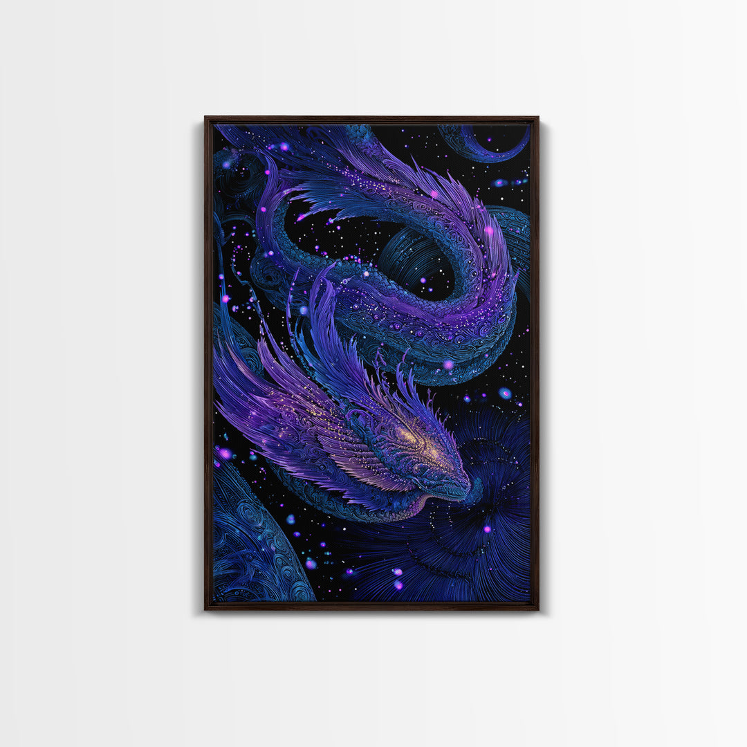 Celestial Twin Dragon Canvas Print, Purple Blue Fantasy Art, Mythical Space Wall Decor For Gamer Room And Unique Gift Idea