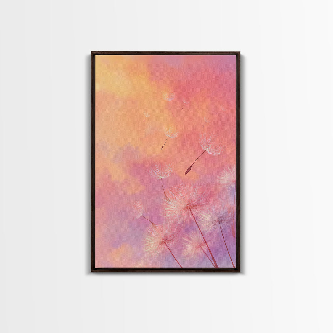 Floating Dandelion Seeds At Sunset Canvas Print, Pink Orange Wall Art For Bedroom Decor, Dreamy Feminine Nursery Art Gift