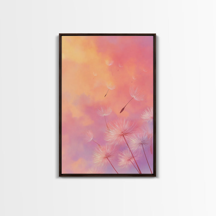 Floating Dandelion Seeds At Sunset Canvas Print, Pink Orange Wall Art For Bedroom Decor, Dreamy Feminine Nursery Art Gift