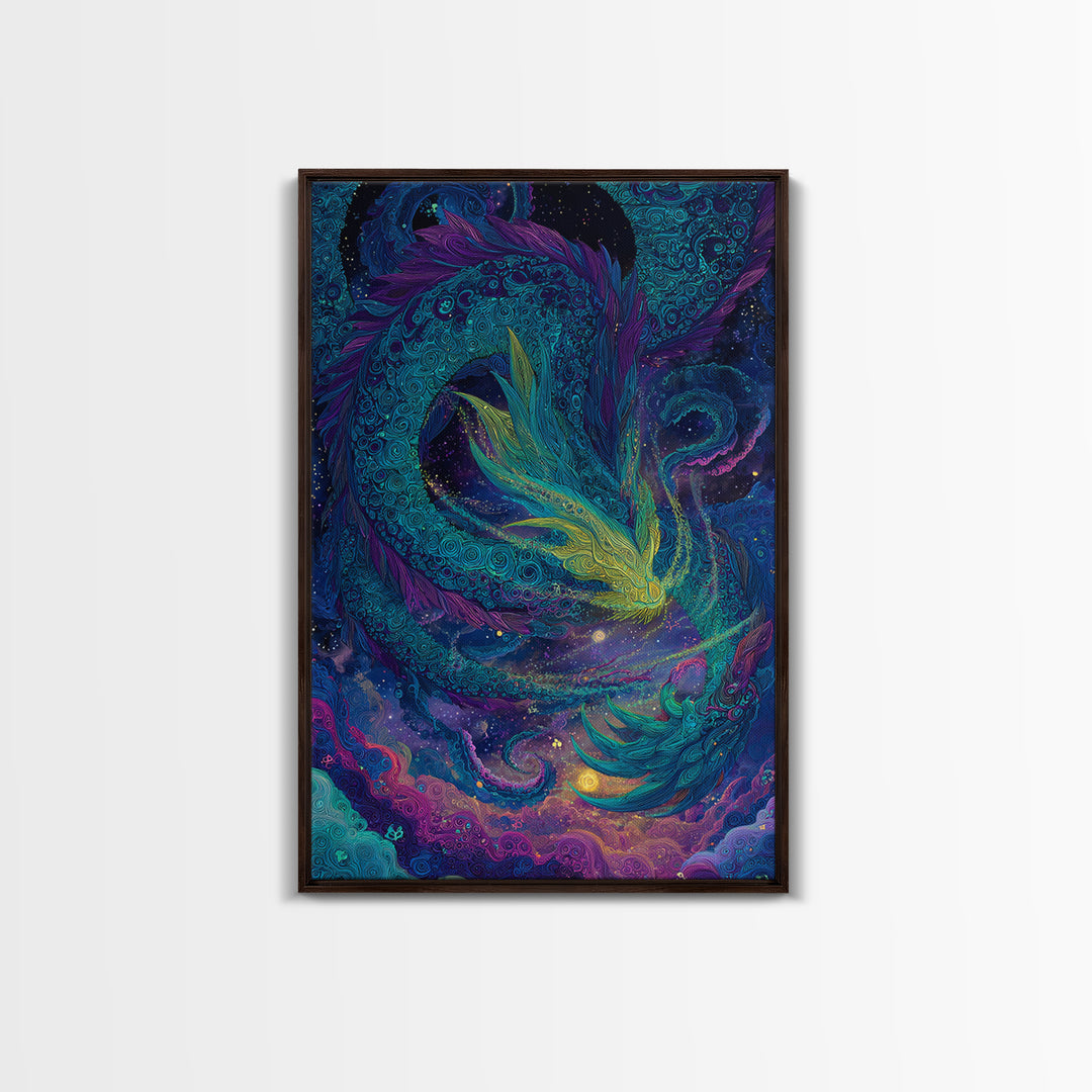 Cosmic Teal Dragon Wall Art, Fantasy Serpent Painting, Celestial Decor, Mystical Canvas, Unique Gift For Fantasy Lovers Decor