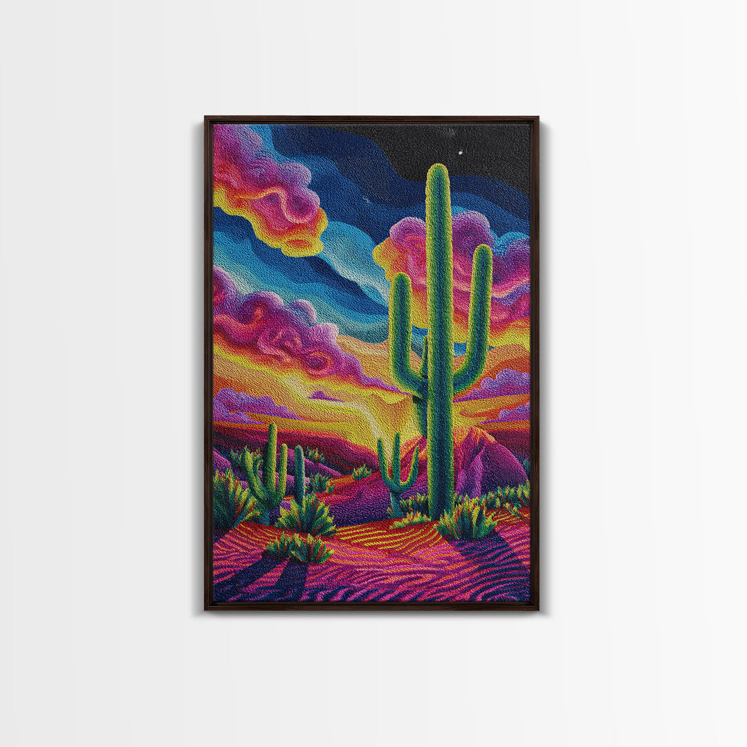 Vibrant Desert Landscape Painting With Cactus And Colorful Sunset Sky Wall Art Modern Home Decor Canvas Print