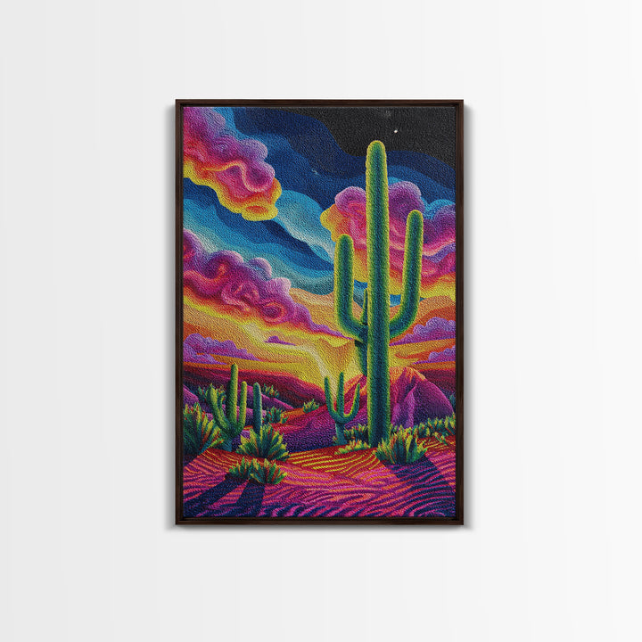 Vibrant Desert Landscape Painting With Cactus And Colorful Sunset Sky Wall Art Modern Home Decor Canvas Print