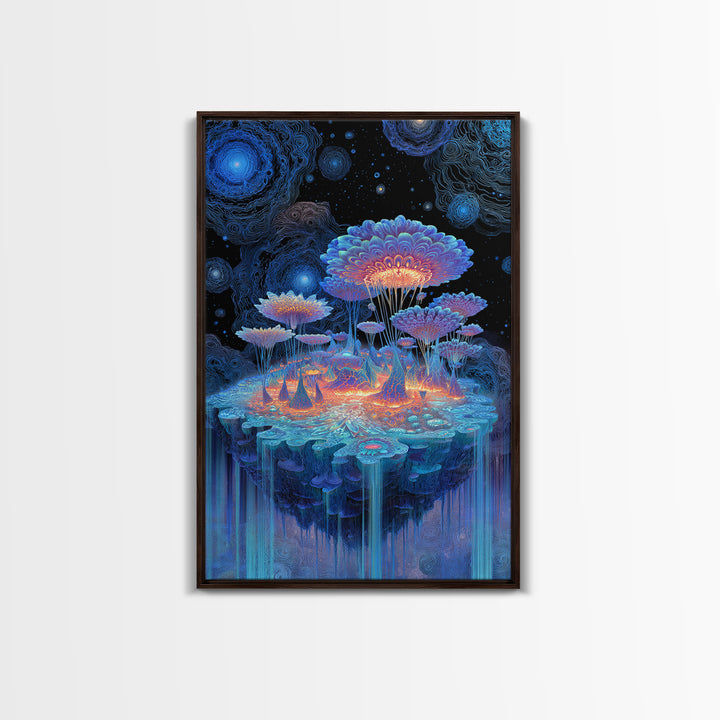 Bioluminescent Mushroom Island Framed Canvas Print, Fantasy Landscape Wall Art, Psychedelic Decor, Whimsical Nature Art