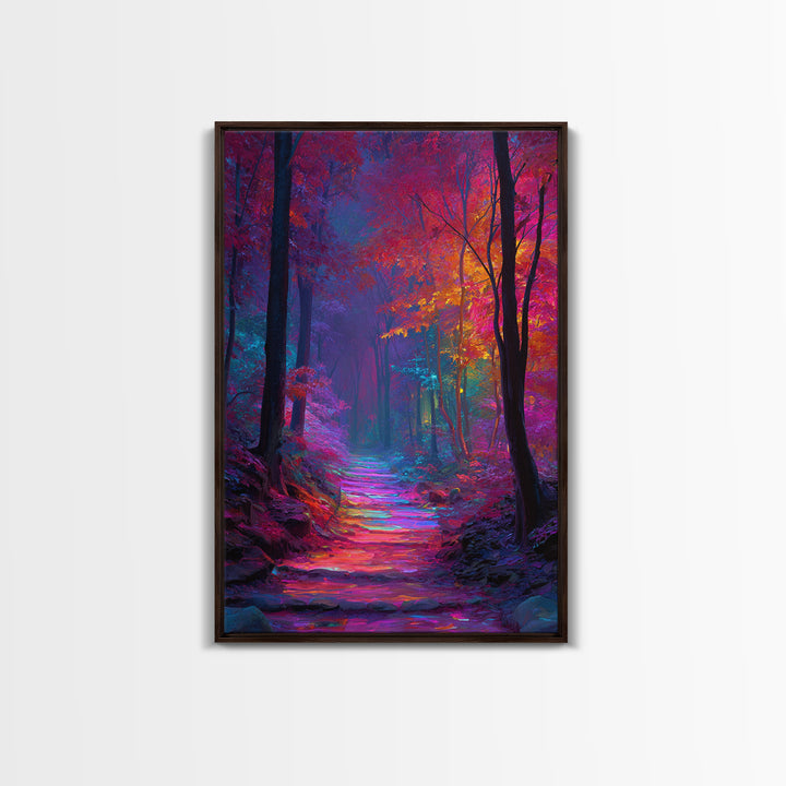 Vibrant Colorful Autumn Forest Path Wall Art With Bright Pink Yellow Foliage And Mystical Light Framed Canvas Print